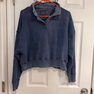 American Eagle Womens Navy Blue Snap Neck Cropped Sweatshirt Pullover